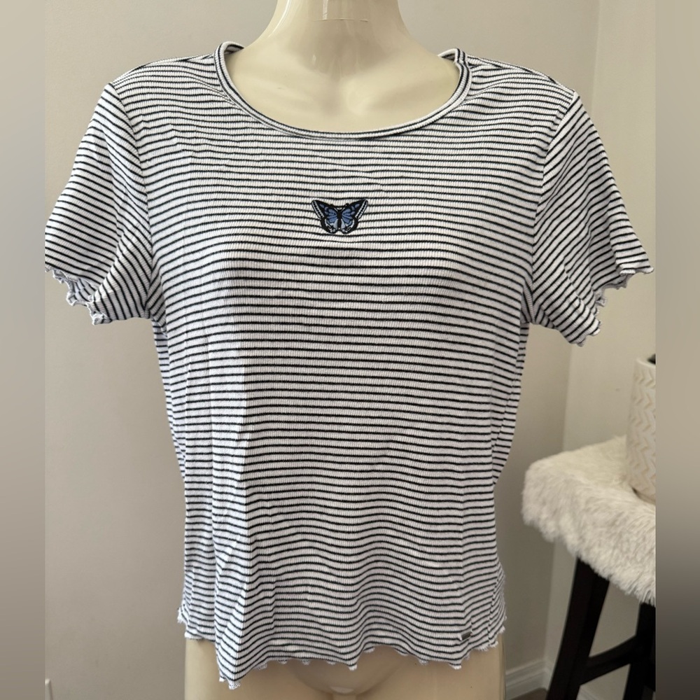 26. Hollister Black and White striped Fitted Short Sleeve Tee